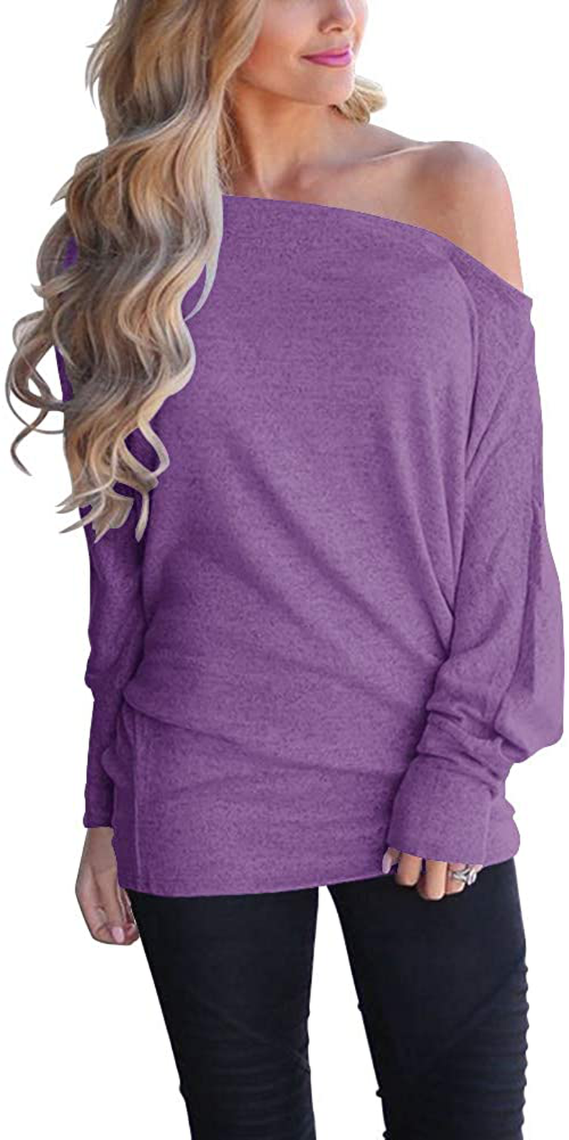 Lacozy Women's Off Shoulder Long Sleeve Oversized Pullover Sweater Knit Jumper Loose Tunic Tops