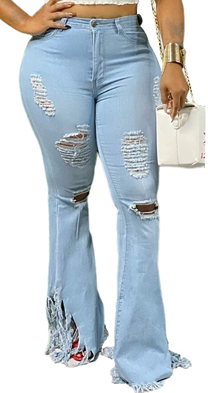 Bell Bottom Jeans for Women Elastic Skinny Ripped Hole Classic Denim Pants