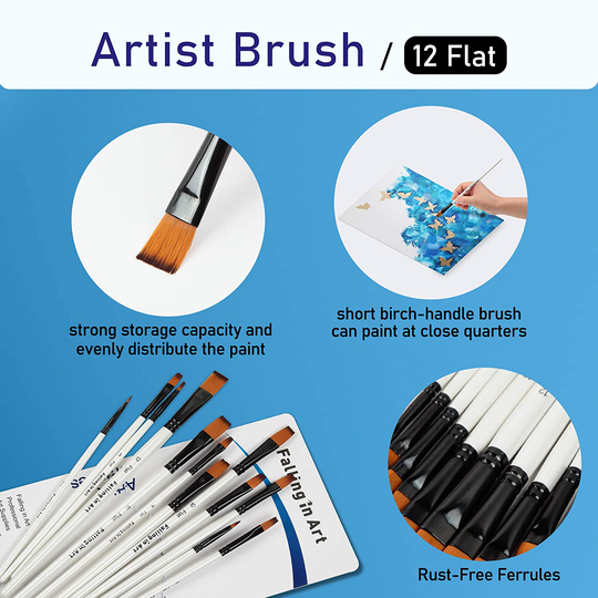 Falling in Art Paint Brushes Set, 12 PCS Nylon Professional Flat Paint Brushes for Watercolor, Oil Painting, Acrylic, Face Body Nail Art, Crafts, Rock Painting