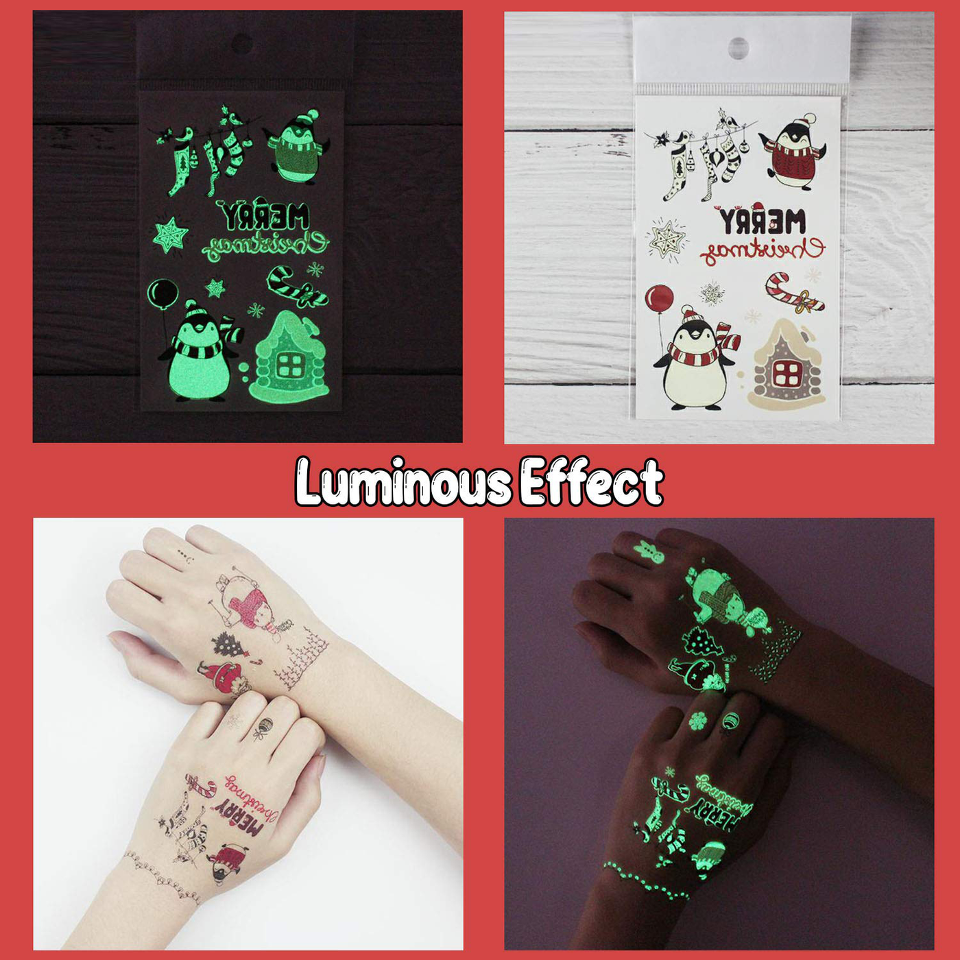 Partywind 10 Sheets Luminous Christmas Temporary Tattoos for Kids Stocking Stuffers, Christmas Party Decorations Supplies Favors for Birthday Party, Xmas Holiday Stickers Games for Boys and Girls