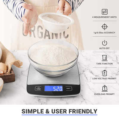 Geekclick Digital Food Kitchen Scale, 22lb Scale for Food Weight Grams and Oz, Kitchen Tools for Baking, Cooking, Meal Prep, Weight Loss, 1g/0.05oz Precise Graduation, Easy Clean Tempered Glass-Black