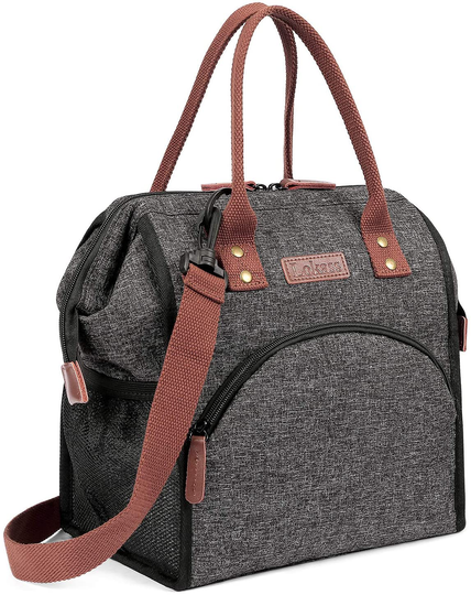 LOKASS Lunch Bag Insulated Lunch Box Wide-Open Lunch Tote Bag Large Drinks Holder Durable Nylon Snacks Organizer with Removable Shoulder Strap for Women Men Adults Work Outdoor,Black