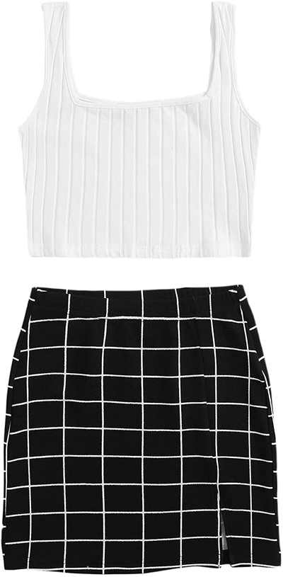 Milumia Women 2 Pieces Outfit Ribbed Knit Crop Tank Top and Plaid Mini Skirt Set
