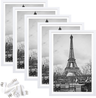 upsimples 13x19 Picture Frame Set of 5,Display Pictures 11x17 with Mat or 13x19 Without Mat,Wall Gallery Photo Frames,White