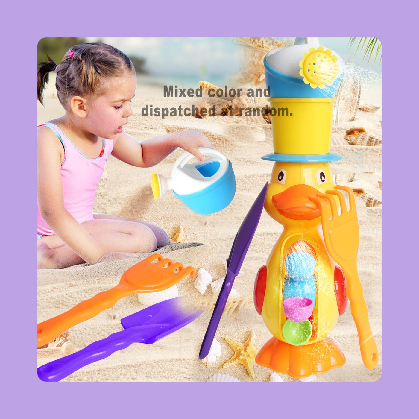 OUFOTAT Beach Toy Set for Kids - Including Shovel, Rake, Watering Can and Duck Waterwheel Random Color, Indoor Outdoor Sand Play Toys for Boys and Girls (4PCS Beach Toys 6231)