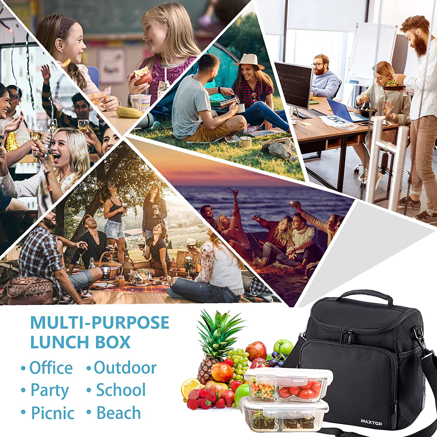 MAXTOP Lunch Box for Men & Women, Reusable Insulated Lunch Cooler Bags for Women with Adjustable Strap, Large Thermal Lunch Tote Bag for Office Work Hiking Outdoor Picnic Beach.