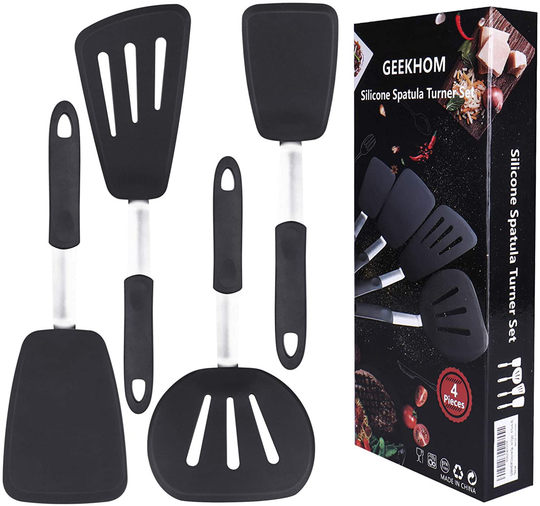Silicone Spatulas for Nonstick Cookware, GEEKHOM 600F Heat Resistant Extra Large and Wide Flexible Spatulas Rubber Turners, Kitchen Cooking Utensils Set for Pancake, Eggs, Fish, Omelet(4 Pack, Black)