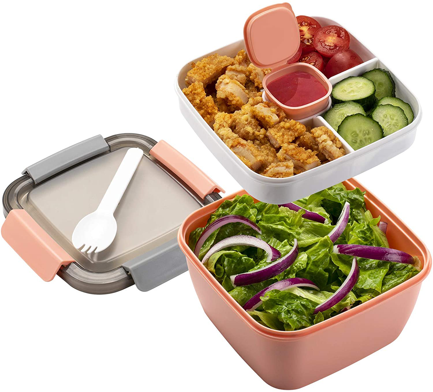 Freshmage Salad Lunch Container To Go, 52-oz Salad Bowls with 3 Compartments, Salad Dressings Container for Salad Toppings, Snacks, Men, Women (Purple)