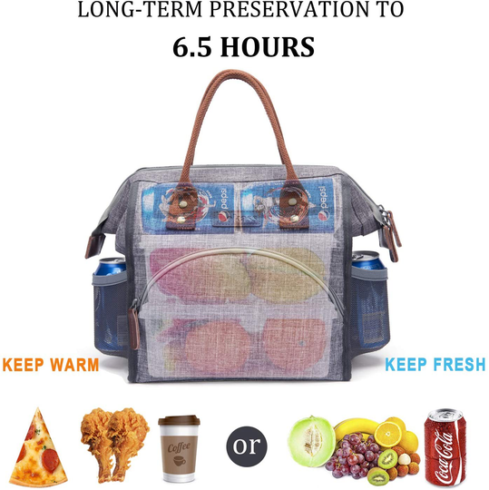 LOKASS Lunch Bag Insulated Lunch Box Wide-Open Lunch Tote Bag Large Drinks Holder Durable Nylon Thermal Snacks Organizer for Women Men Adults College Work Picnic Hiking Beach Fishing,Grey