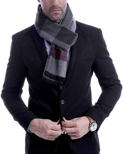 Men's Winter Scarf, Soft Long Cashmere Feel Scarves for Men with Fringes Tartan - Grey Black Red Plaid