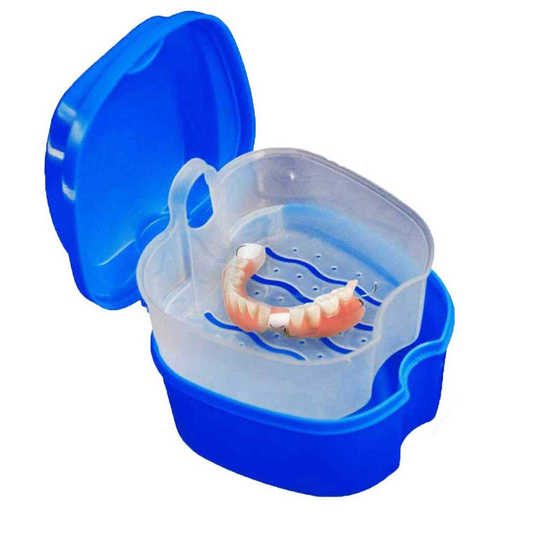 KISEER Denture Bath Case Cup Box Holder Storage Soak Container with Strainer Basket for Travel Cleaning (Blue)