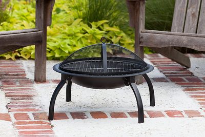 Fire Sense Portable Folding Round Black Steel 29 Inch Fire Pit with Carry Bag | Wood Burning | Mesh Spark Screen, Wood Grate, Cooking Grate, and Screen Lift Tool Included | Lightweight Patio