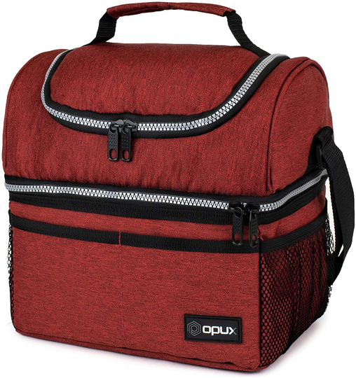 Insulated Dual Compartment Lunch Bag for Men, Women | Double Deck Reusable Lunch Box Cooler with Shoulder Strap, Leakproof Liner | Medium Lunch Pail for School, Work, Office (Heather Red)