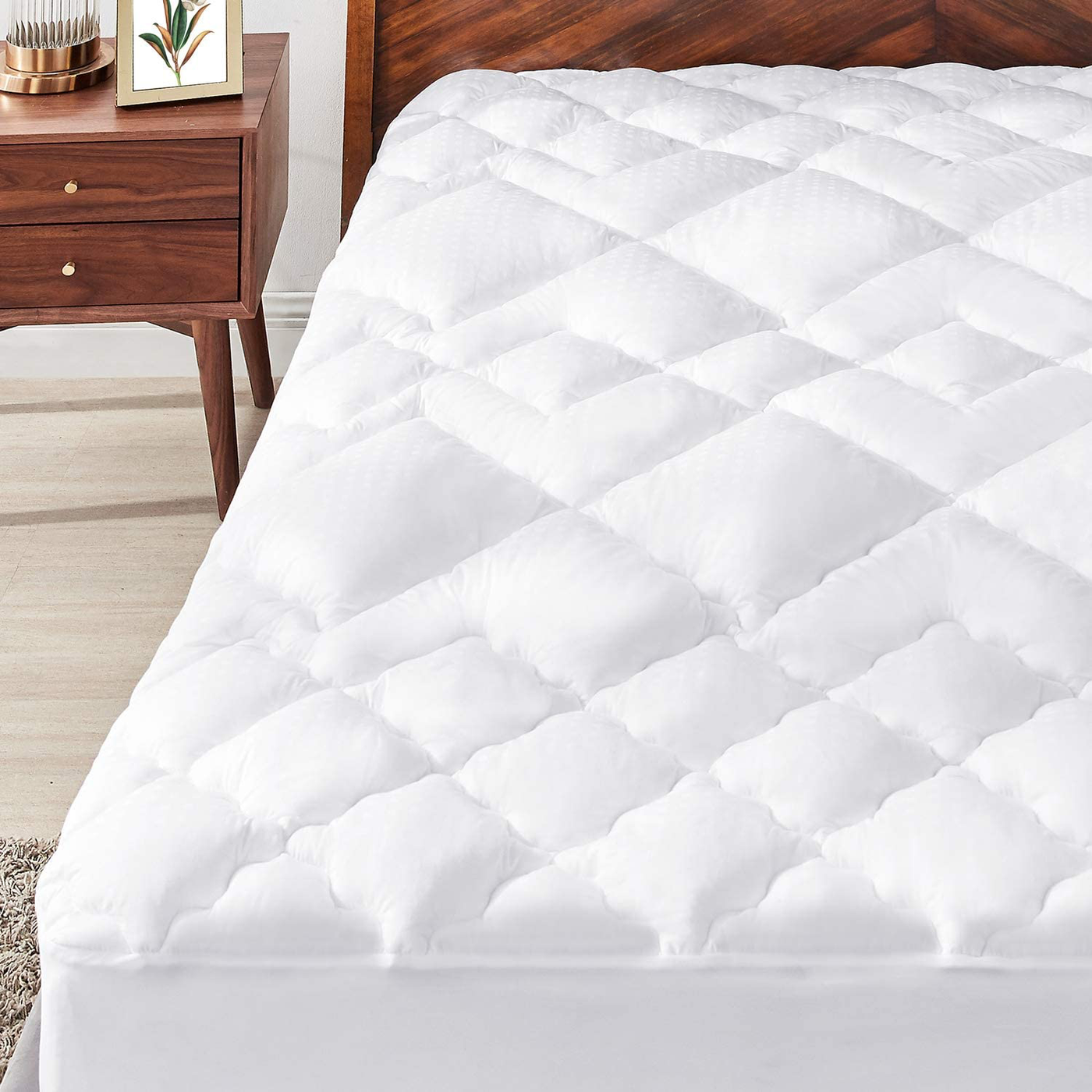 Hansleep Queen Mattress Pad Cotton Top Pillow Top Stretches up to 21” Deep Pocket, Non-Slip Mattress Topper with Down Alternative Fillings (Queen)