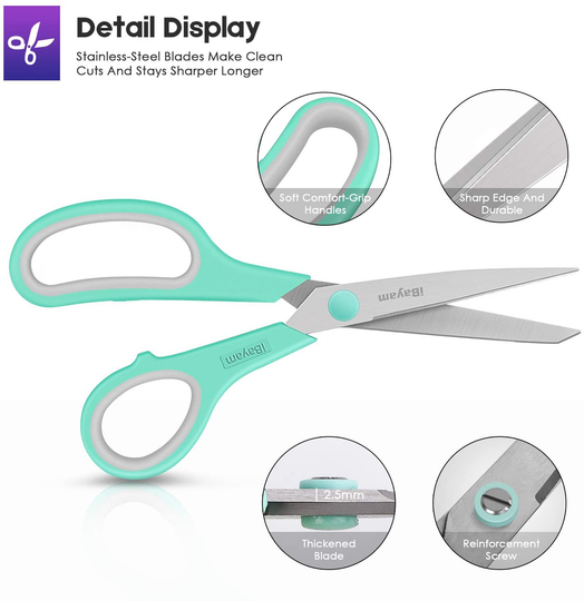 Scissors, iBayam 8" Multipurpose Scissors Bulk 3-Pack, Ultra Sharp Blade Shears, Comfort-Grip Handles, Sturdy Sharp Scissors for Office Home School Sewing Fabric Craft Supplies, Right/Left Handed