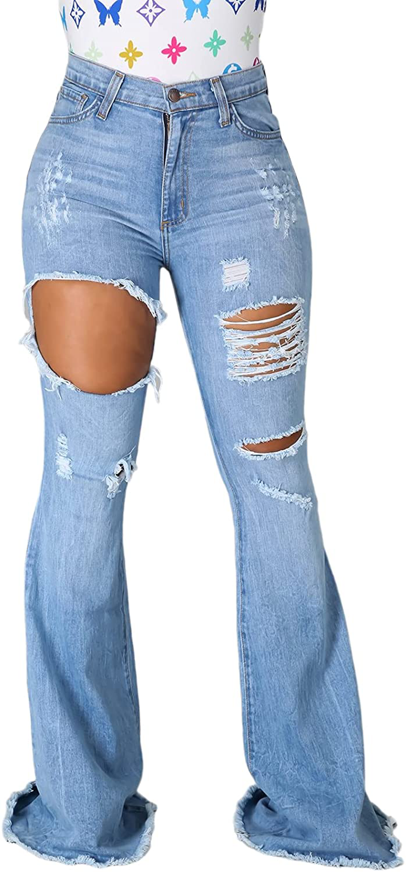 Bell Bottom Jeans for Women Elastic Skinny Ripped Hole Classic Denim Pants