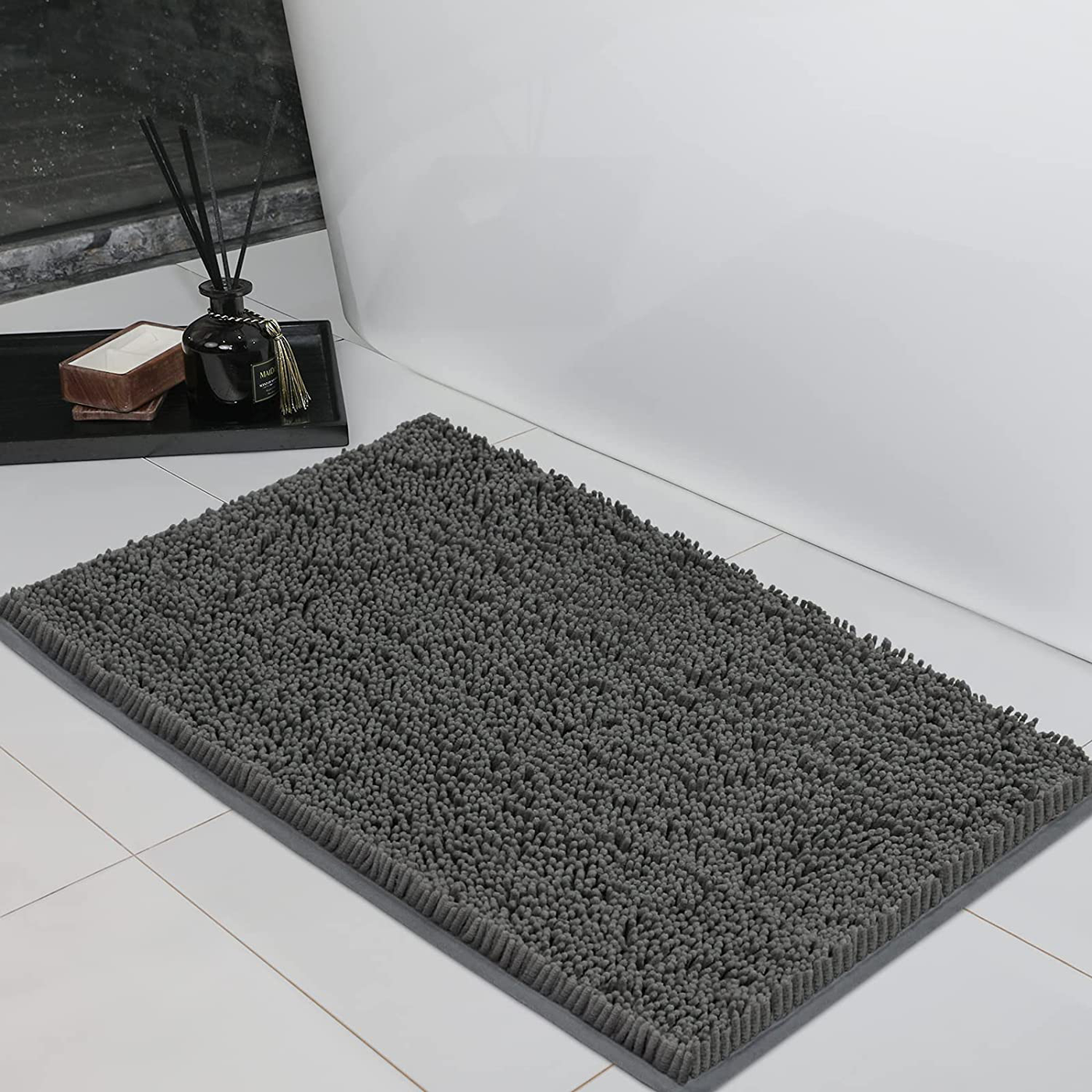 Non Slip Soft Chenille Bath Mat for Bathrooms Water Absorbent Fluffy Plush Rugs for Indoor Entryway Multiuses, 24 x 16 Inches Charcoal Grey