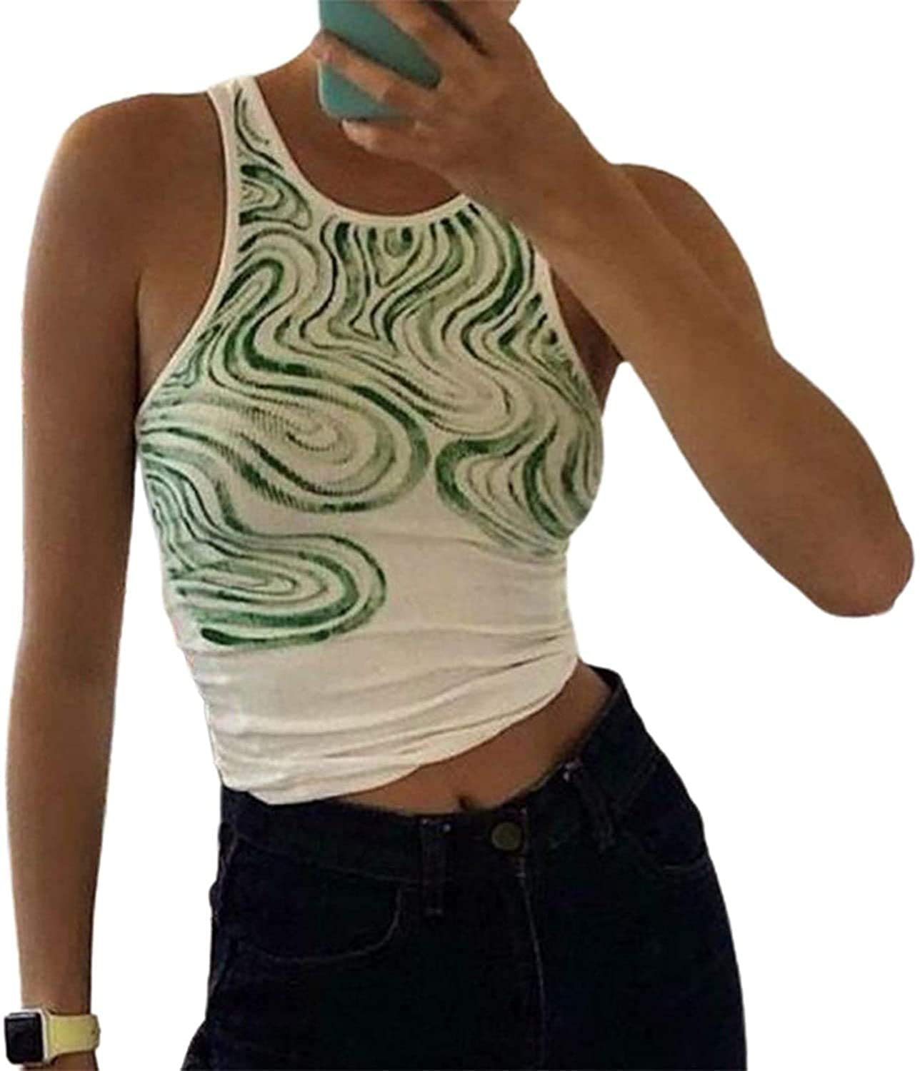 Women's Aesthetic Graphic Print Camisole Y2K Crop Top E-Girl Camis Vest Tee Shirt Top Girls Cute Tank Top Streetwear