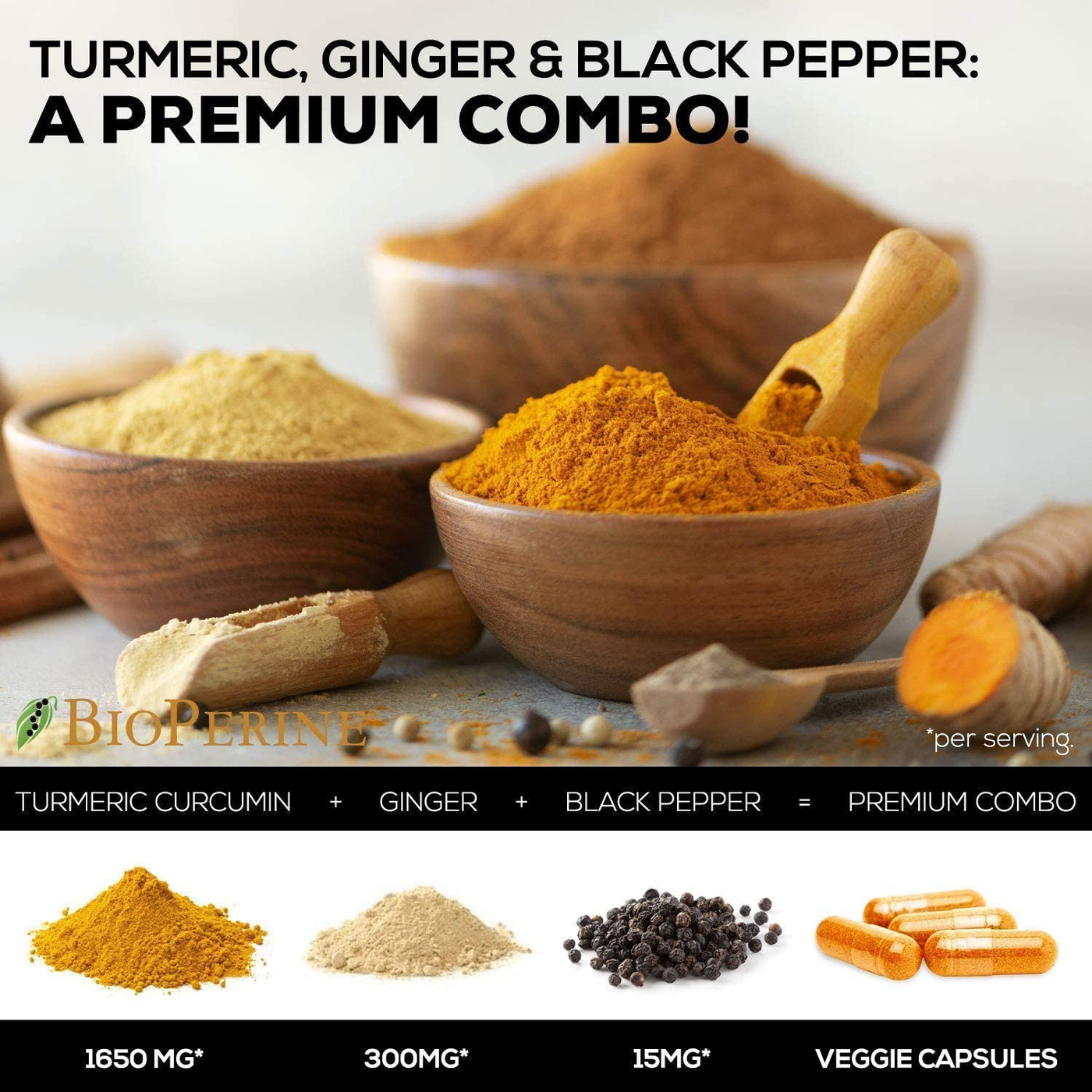 Turmeric Curcumin with BioPerine & Ginger 95% Curcuminoids 1950mg - Black Pepper for Absorption, Made in USA, Natural Immune Support, Turmeric Ginger Supplement by Natures Nutrition - 60 Capsules