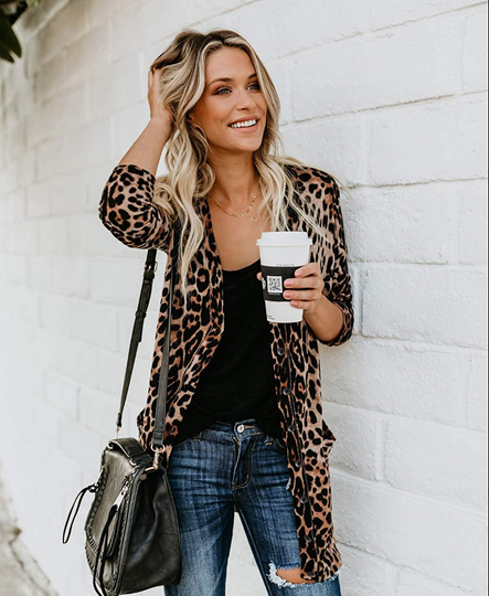 MYIFU Women's Leopard Print Sweater Cardigan Button Down Open Front Lightweight Shirt Outerwear with Pockets