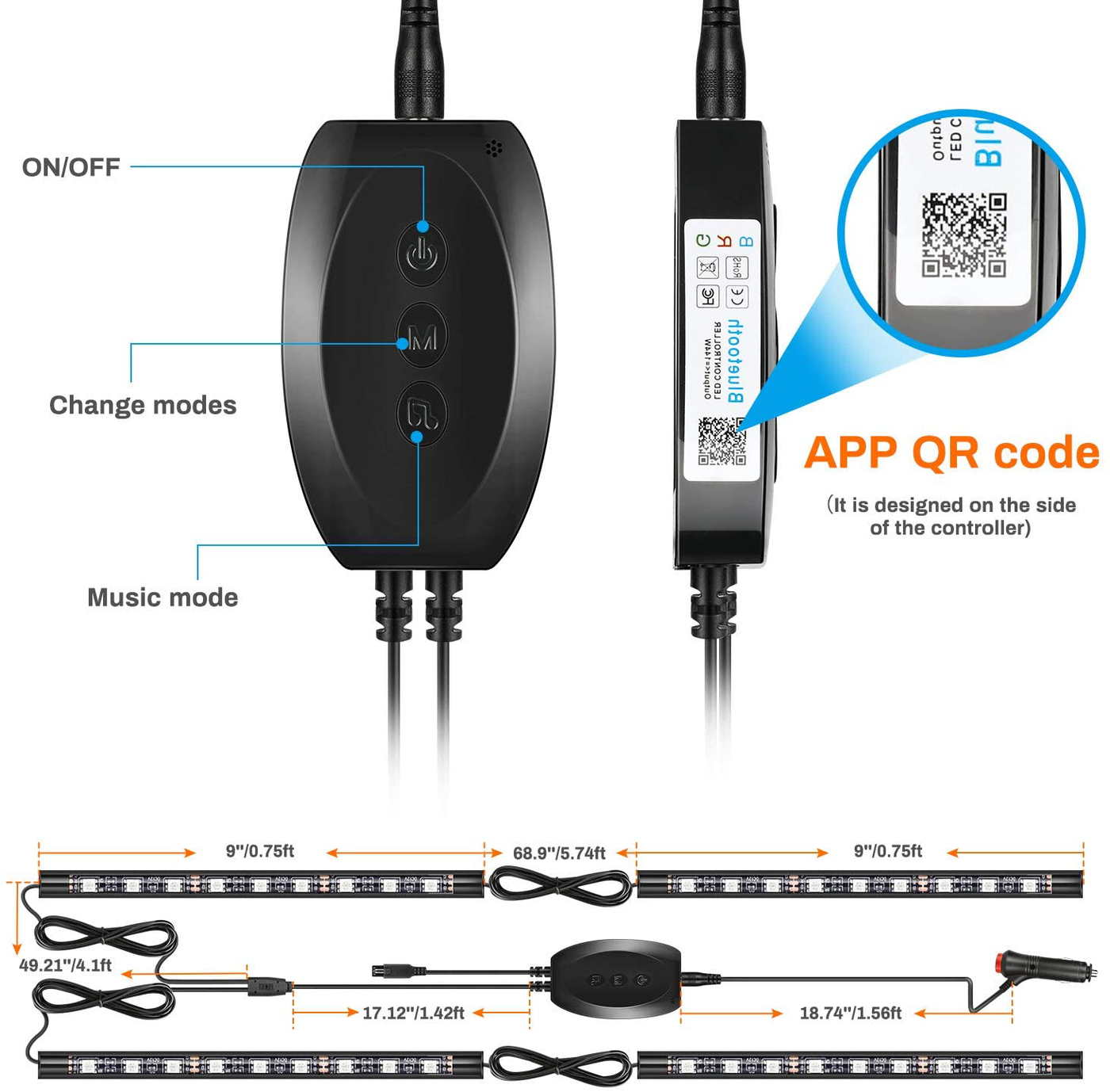 Interior Car Lights, Upgrade 2-in-1 Design DC 12V Sound Activated 48 Led Car Strip Lights, Box Control, Remote Control and APP Control Lighting Kits for All Vehicles, Parties, Indoor/Outdoor