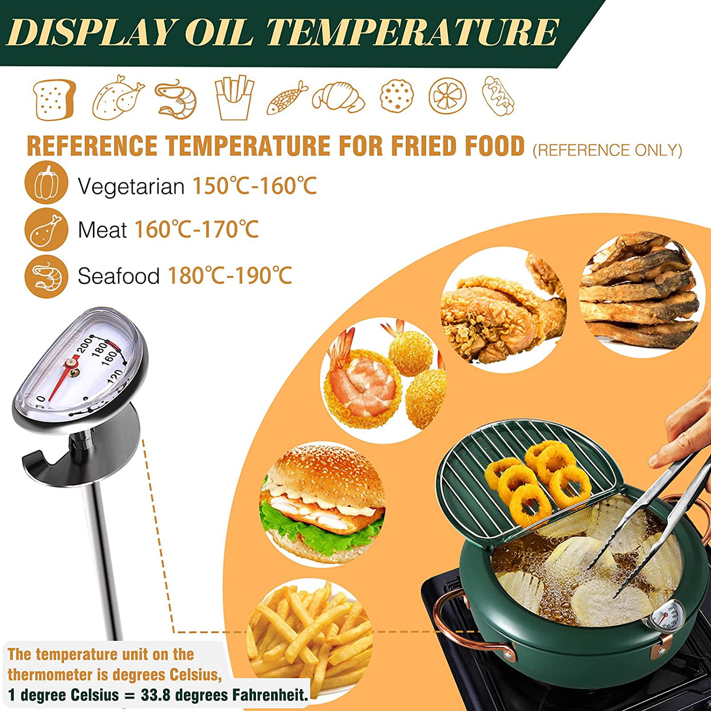 Chihee Deep Fryer with Thermometer 304 Stainless Steel Fry Pot Non-stick Frying Pot with Lid Oil Strainer Rack Beak Diversion Perfect for Family Frying Tempura, French Fries and Chicken Nuggets