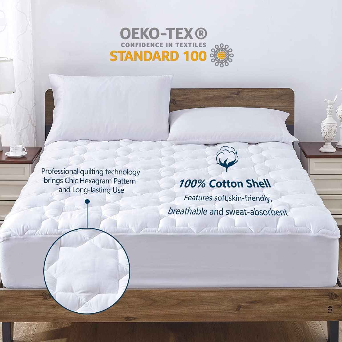 CozyLux California King Mattress Pad Deep Pocket Non Slip Cotton Mattress Topper Breathable and Soft Quilted Fitted Mattress Cover Up to 18" Thick Pillowtop 450GSM Bed Mattress Pad White