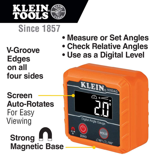 Klein Tools 935DAG Digital Electronic Level and Angle Gauge, Measures 0 - 90 and 0 - 180 Degree Ranges, Measures and Sets Angles