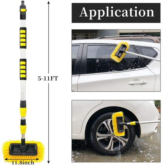 Buyplus Car Wash Brush with Long Handle - 12 Foot Telescopic Flow Through Car Washing Brush with Hose Attachment, Soft Bristle Head for RV, Trucks, No Scratch Dip Car Cleaning Water Brush