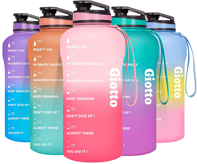 Giotto Large Half Gallon/64oz Motivational Water Bottle with Time Marker & Removable Strainer, Leakproof BPA Free Water Jug to Remind You Drink More Water and Hydrate in Style