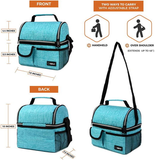 OPUX Insulated Dual Compartment Lunch Bag for Men, Women | Double Deck Reusable Lunch Pail Cooler Bag with Shoulder Strap, Soft Leakproof Liner | Large Lunch Box Tote for Work, School (Turquoise)