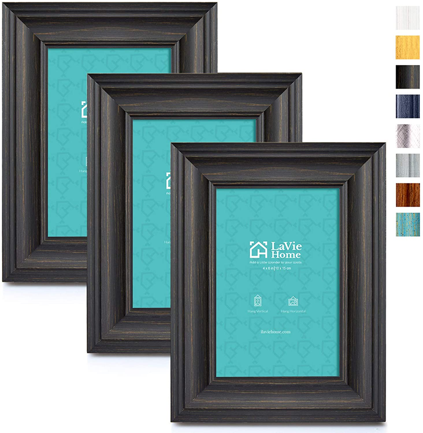 LaVie Home 5x5 Picture Frames (3 Pack, Distressed White Wood Grain) Rustic Photo Frame Set with High Definition Glass for Wall Mount & Table Top Display