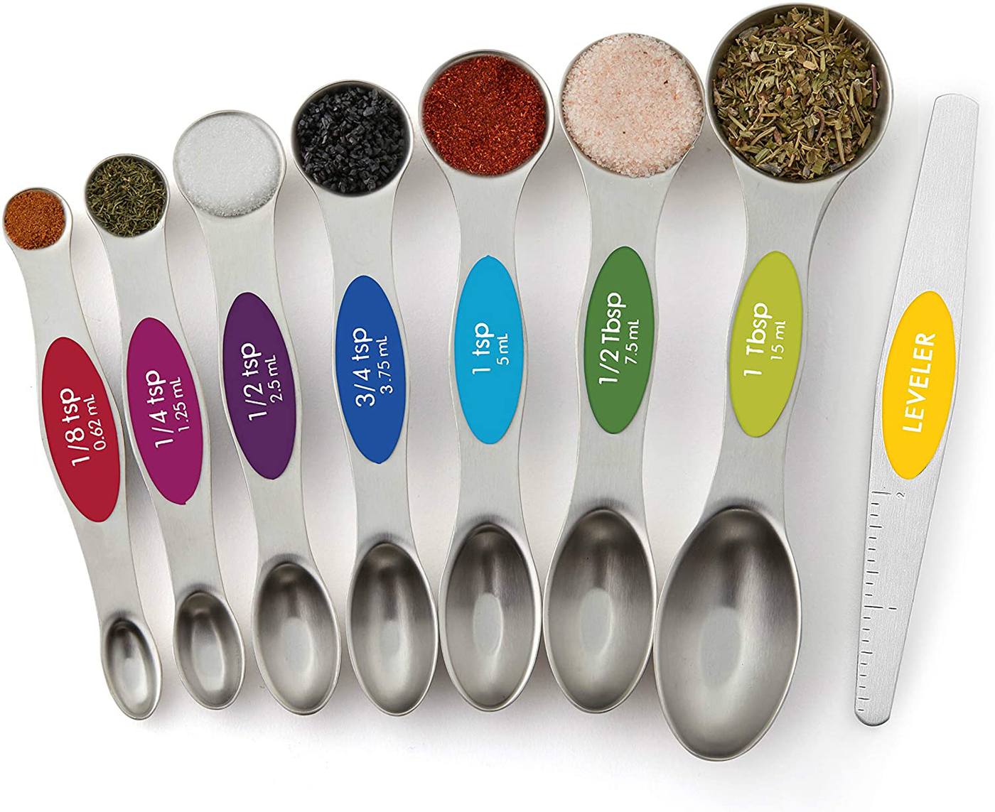 Spring Chef Magnetic Measuring Spoons Set, Dual Sided, Stainless Steel, Fits in Spice Jars, Multi-Color, Set of 8