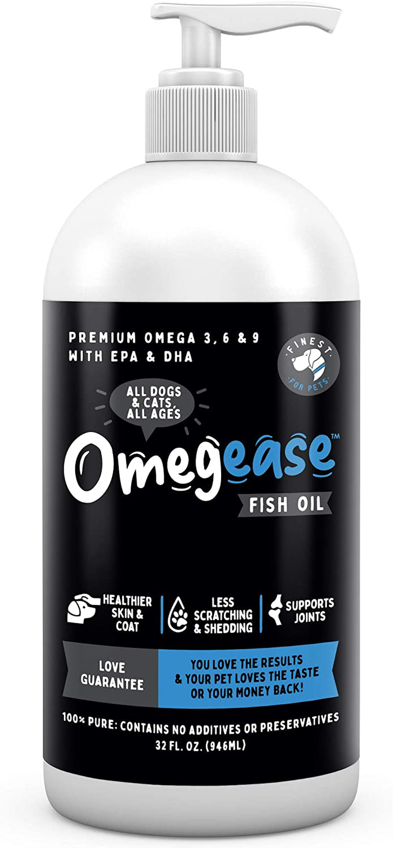 100% Pure Omega 3, 6 & 9 Fish Oil for Dogs and Cats. Supports Joint Function, Immune & Heart Health. All Natural EPA + DHA Fatty Acids for Skin & Coat. Liquid Food Supplement for Pets - 32 oz