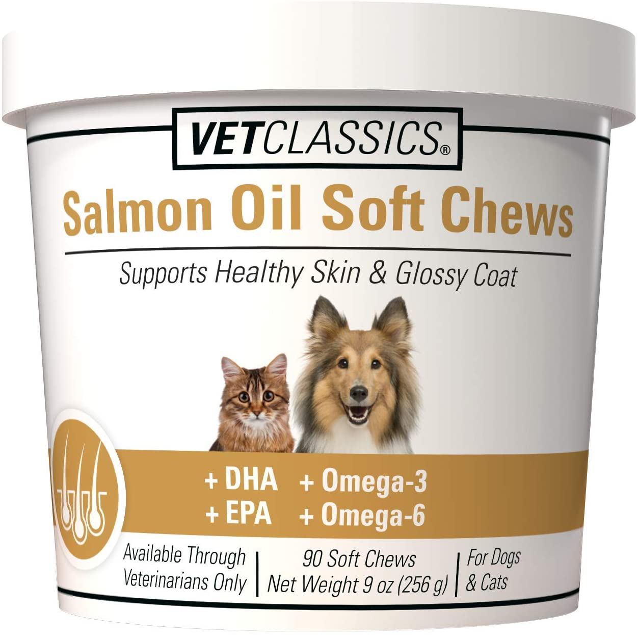 Vet Classics Salmon Oil Pet Supplement for Healthy Skin, Glossy Coats – Dog Coat Supplement, Cat Skin Supplement – Includes Omega-3, 6, 9, Source of DHA, EPA – Soft Chews 90 Ct.