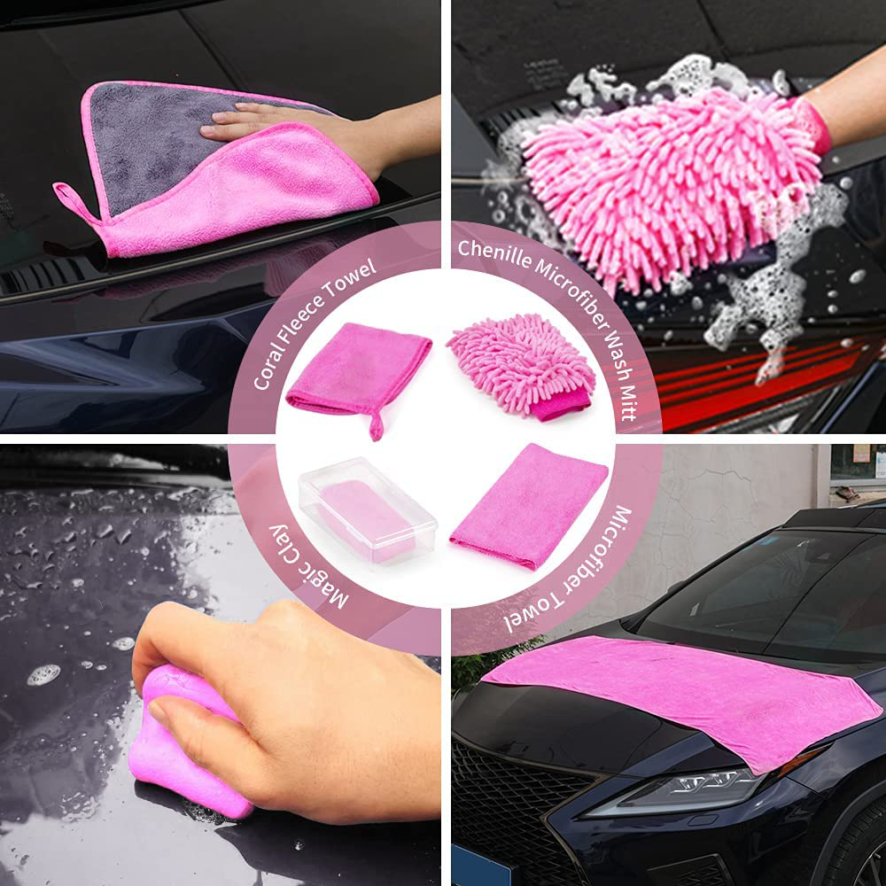 vioview Car Wash Kit, 15PCS Pink Car Care Cleaning Kit, Car Accessories for Women - Foam Gun, Bucket, Cleaning Gel, Microfiber Cleaning Cloth, Car Wash Mitt, Duster, Squeegee