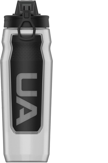 Under Armour 32oz Playmaker Squeeze Water Bottle, Sanitary Cap Cover, High Flow Push/ Pull Nozzle, Non-Slip Grip, Finger Loop Carry, Fits Bike Holder, Cycling, Gym, Hiking, All Sports