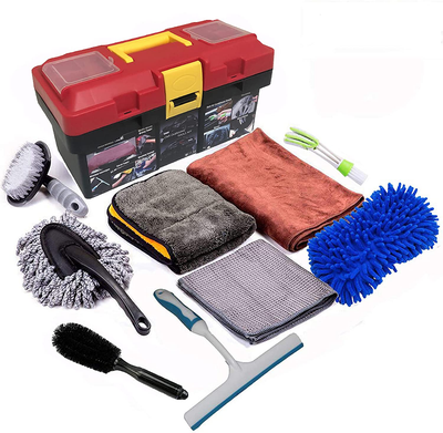 LUCKLYJONE 10Pcs Car Cleaning Tools Kit, Car Wash Tools Kit for Detailing Interiors Premium Microfiber Cleaning Cloth - Car Wash Sponges - Tire Brush - Window Water Blade