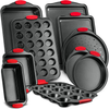 Multi-Piece Carbon Steel Nonstick Bakeware Baking Tray Set w/Heat Red Silicone Handles, Oven Safe, Cookie Sheet