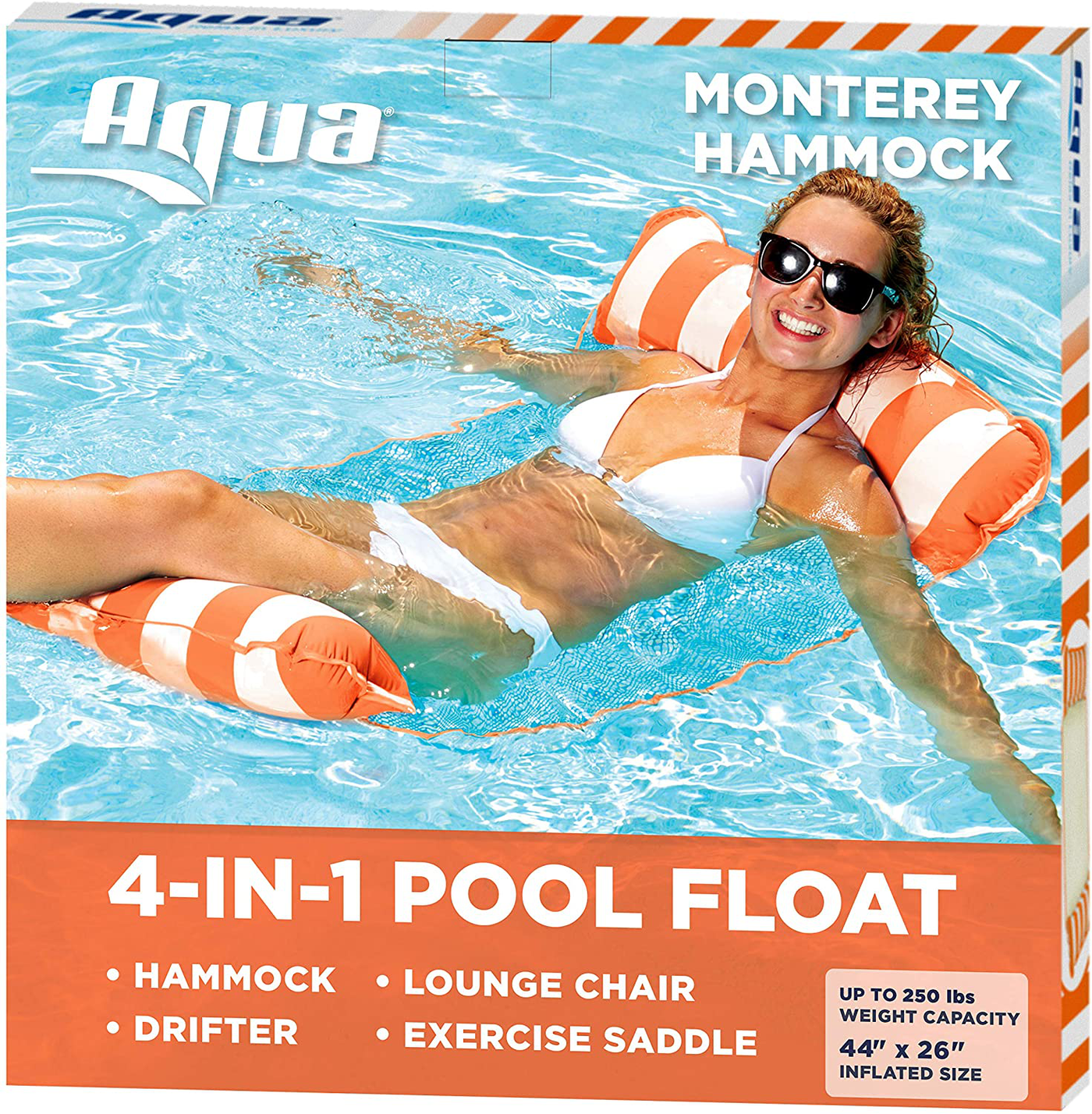 Aqua LEISURE 4-in-1 Monterey Hammock Inflatable Pool Float, Multi-Purpose Pool Hammock (Saddle, Lounge Chair, Hammock, Drifter) Pool Chair, Portable Water Hammock, Orange/White Stripe, One Size