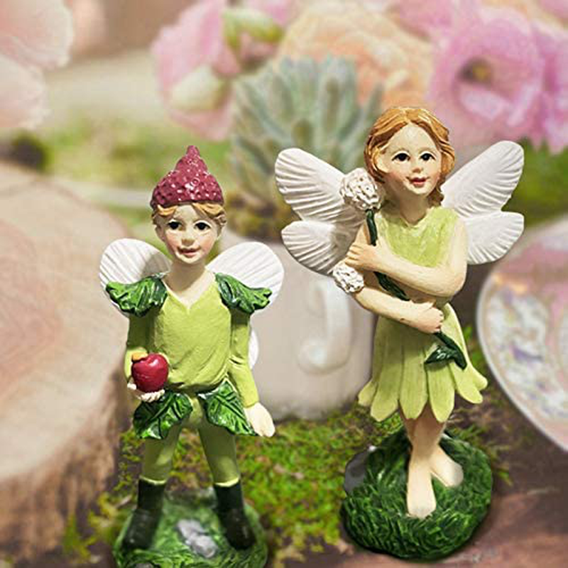 Miniature Garden Fairy Set of 2 Small Ornaments Jungle Boy Girl Statue Enchanted Figurines Fairy Garden Accessories