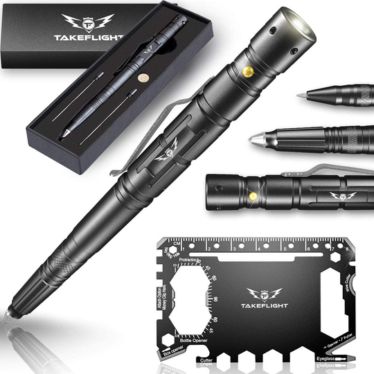 Tactical Pen Survival Gear – LED Tactical Flashlight Multi Tool – Rugged, Lightweight EDC Pen Survival Tool – Glass Breaker, Bottle Opener, Screwdriver, Gift Boxed (Black-Card)