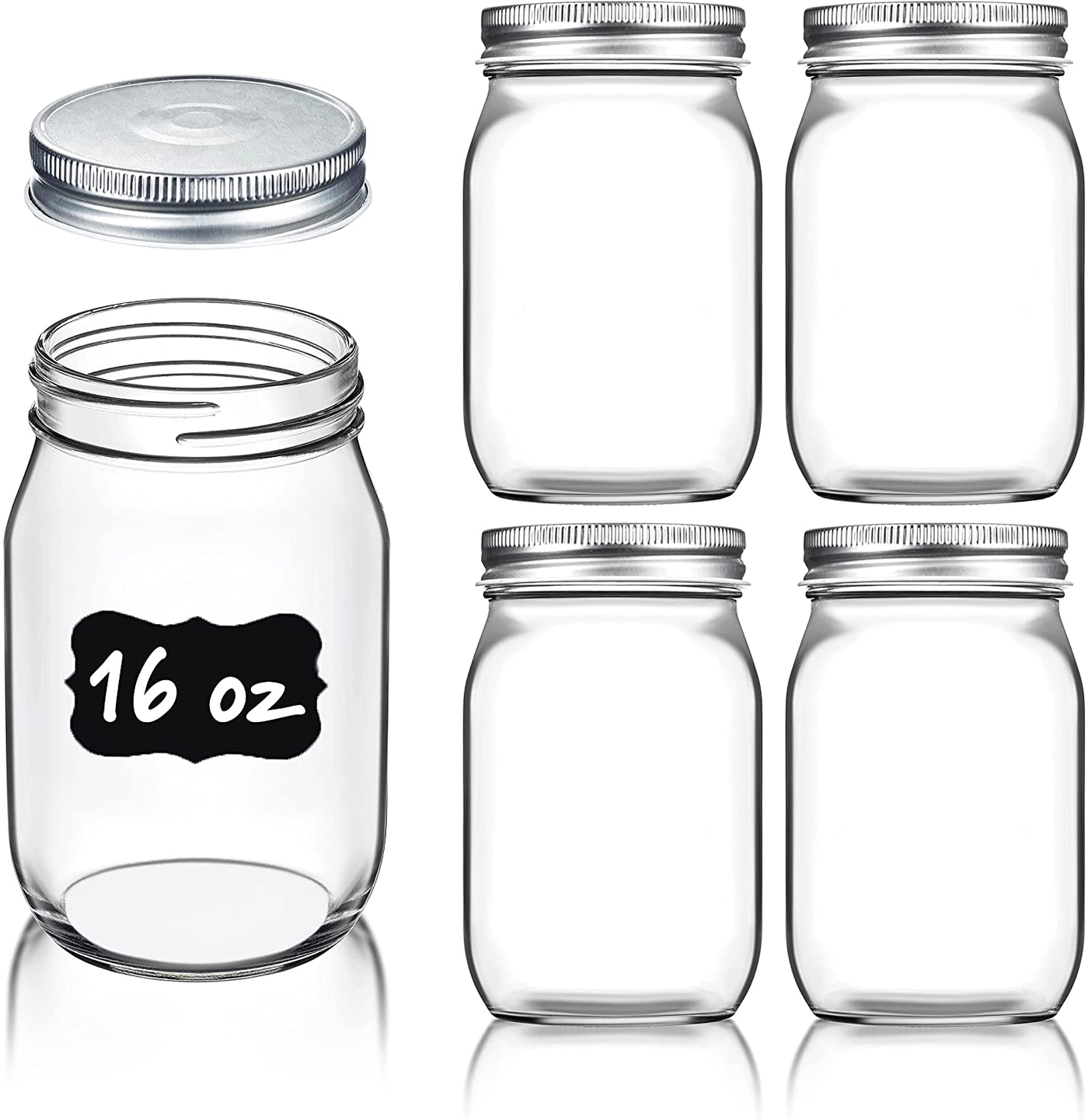 Regular-Mouth Glass Mason Jars, 16-Ounce (5-Pack) Canning Jars with Silver Metal Airtight Lids for Meal Prep, Food Storage, Canning, Jelly, Dry Food, Spices, Salads, Yogurt with Chalkboard Labels Set