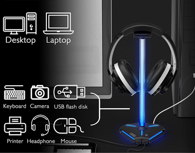 COZOO RGB Headphone Stand with 2 USB2.0 Extension Charging Port Extender Cord,Headset Stand Holder for Gamer Desktop Table Game Earphone Accessories