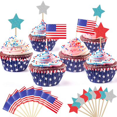 190 Pcs 4th of July Cupcake Toppers 100 American Flag Cupcake Toppers with 90 Glitter Star Cupcake Toppers