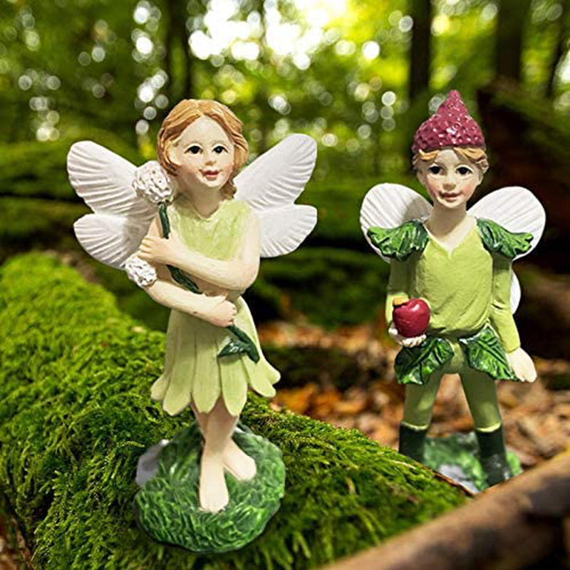 Miniature Garden Fairy Set of 2 Small Ornaments Jungle Boy Girl Statue Enchanted Figurines Fairy Garden Accessories