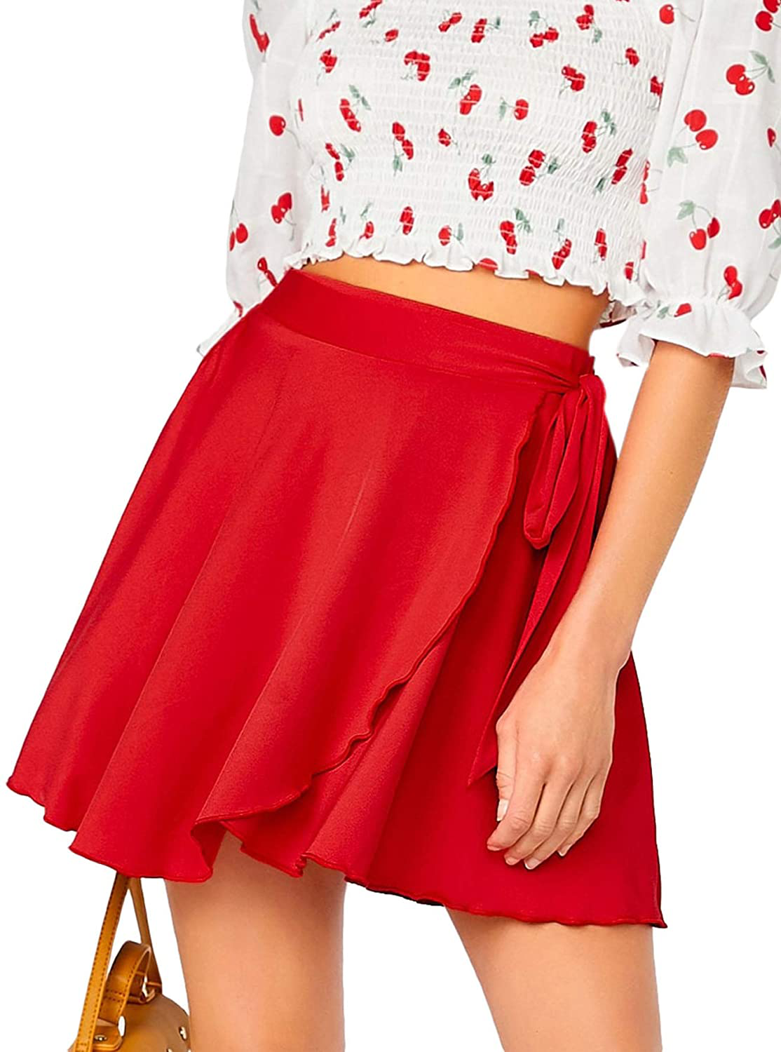 SheIn Women's Casual Elastic Waist Self Belted Overlap Skater Flared Wrap Short Skirt