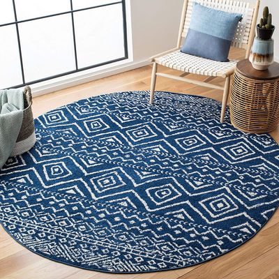 Safavieh Tulum Collection TUL267N Moroccan Boho Distressed Non-Shedding Stain Resistant Living Room Bedroom Area Rug, 3' x 3' Round, Navy / Ivory