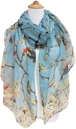 GERINLY Scarfs for Women Lightweight Floral Birds Print Cotton Scarves and Wraps for Holiday