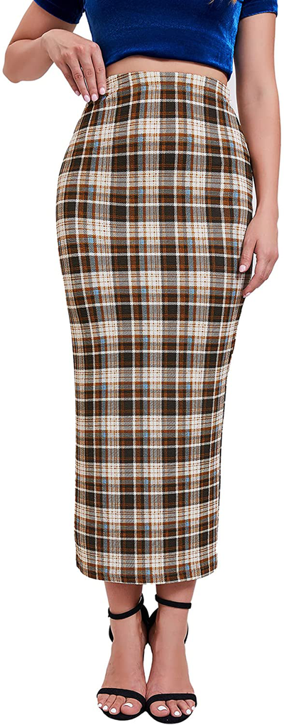 Verdusa Women's Elegant Plaid Elastic Waist Bodycon Midi Skirt